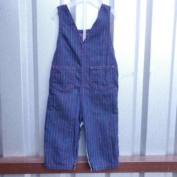 Vtg All American Overall Dark Denim rainbow pastel pinstripes 18m - Picture 2 of 8